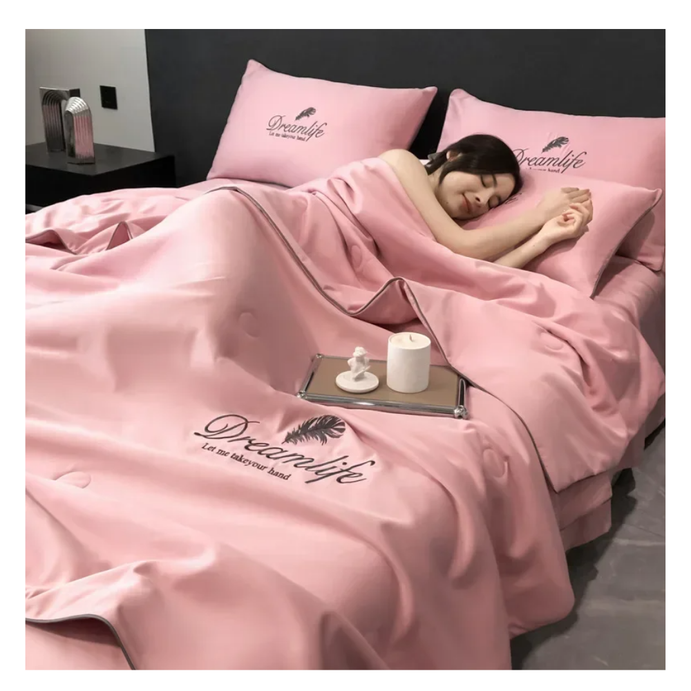 Funda nórdica de lino suave y seda de hielo -Rosa pastel/150X200 cmRosa pastel/180X220 cmRosa pastel/200X230 cm - Ozerty