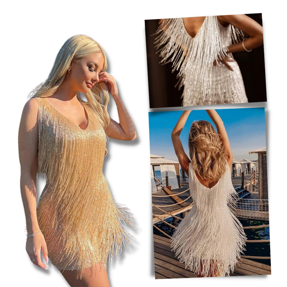 Vestido de lentejuelas con cuello de pico
- Ozerty