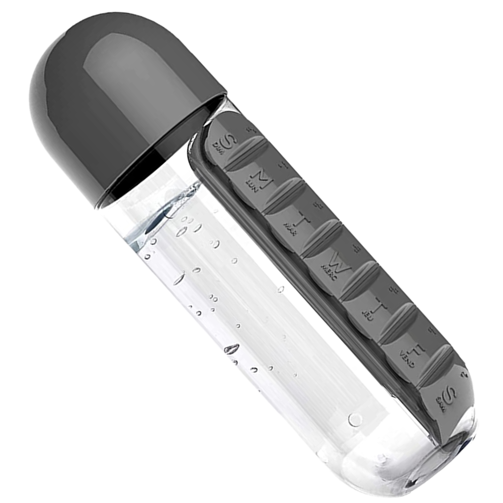 Botella de agua de plástico con pastillero