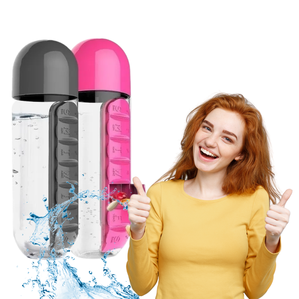 Botella de agua de plástico con pastillero - Ozerty