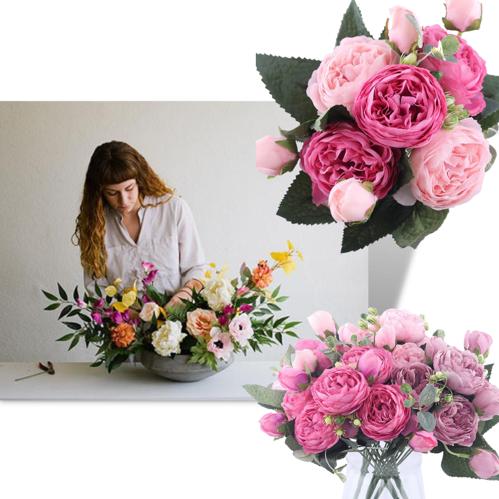 Ramo de flores de seda artificial de peonías y rosas - Ozerty
