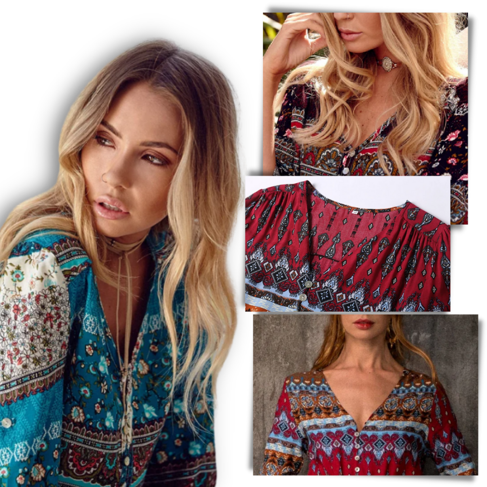 Vestido bohemio con cuello de pico

 - Ozerty