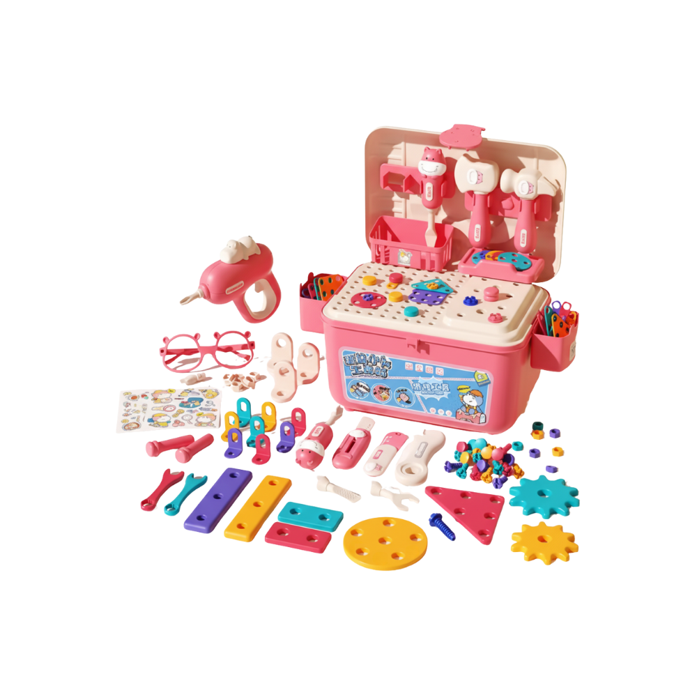 Caja de herramientas para niños con rompecabezas de tornillos -Rosa - Ozerty