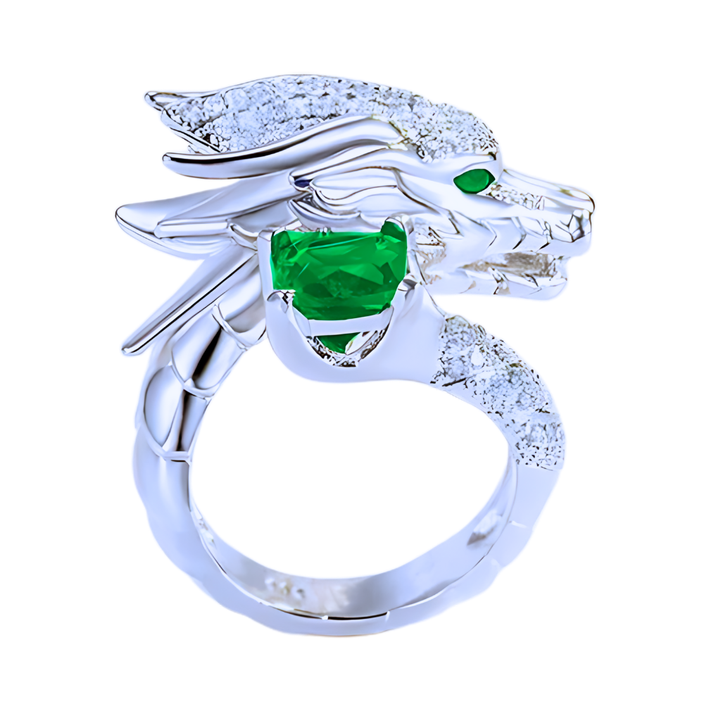 Anillo de plata con forma de dragón hecho a mano -Verde - Ozerty