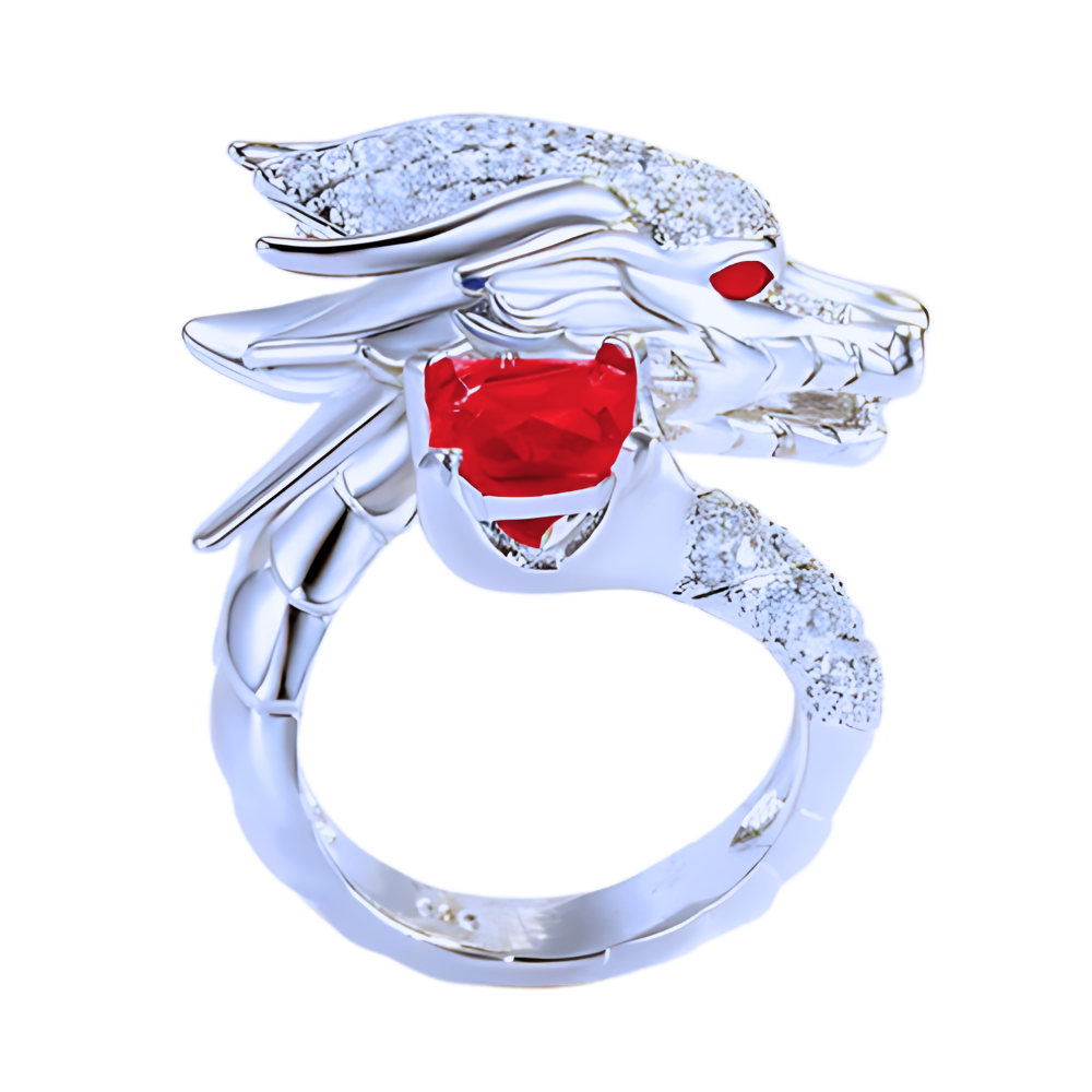 Anillo de plata con forma de dragón hecho a mano -Rojo - Ozerty