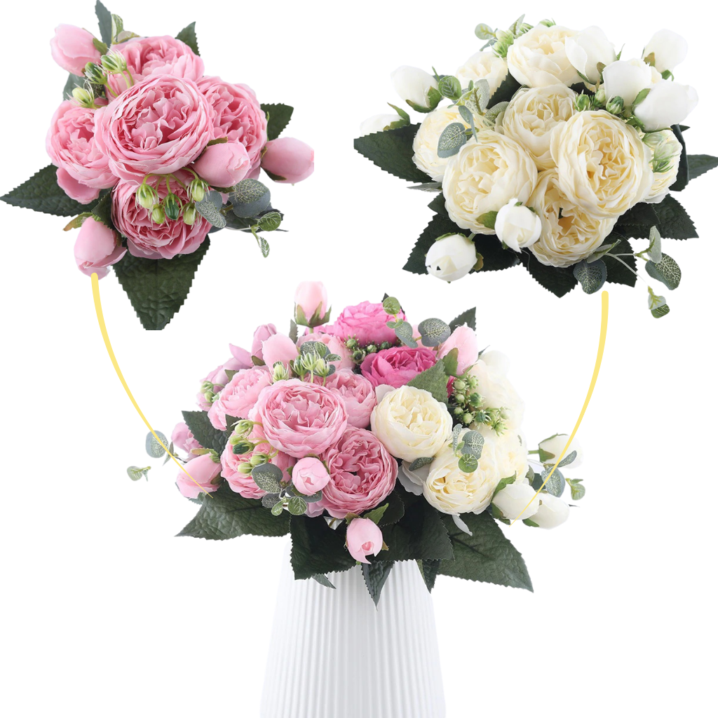 Ramo de flores de seda artificial de peonías y rosas - Ozerty