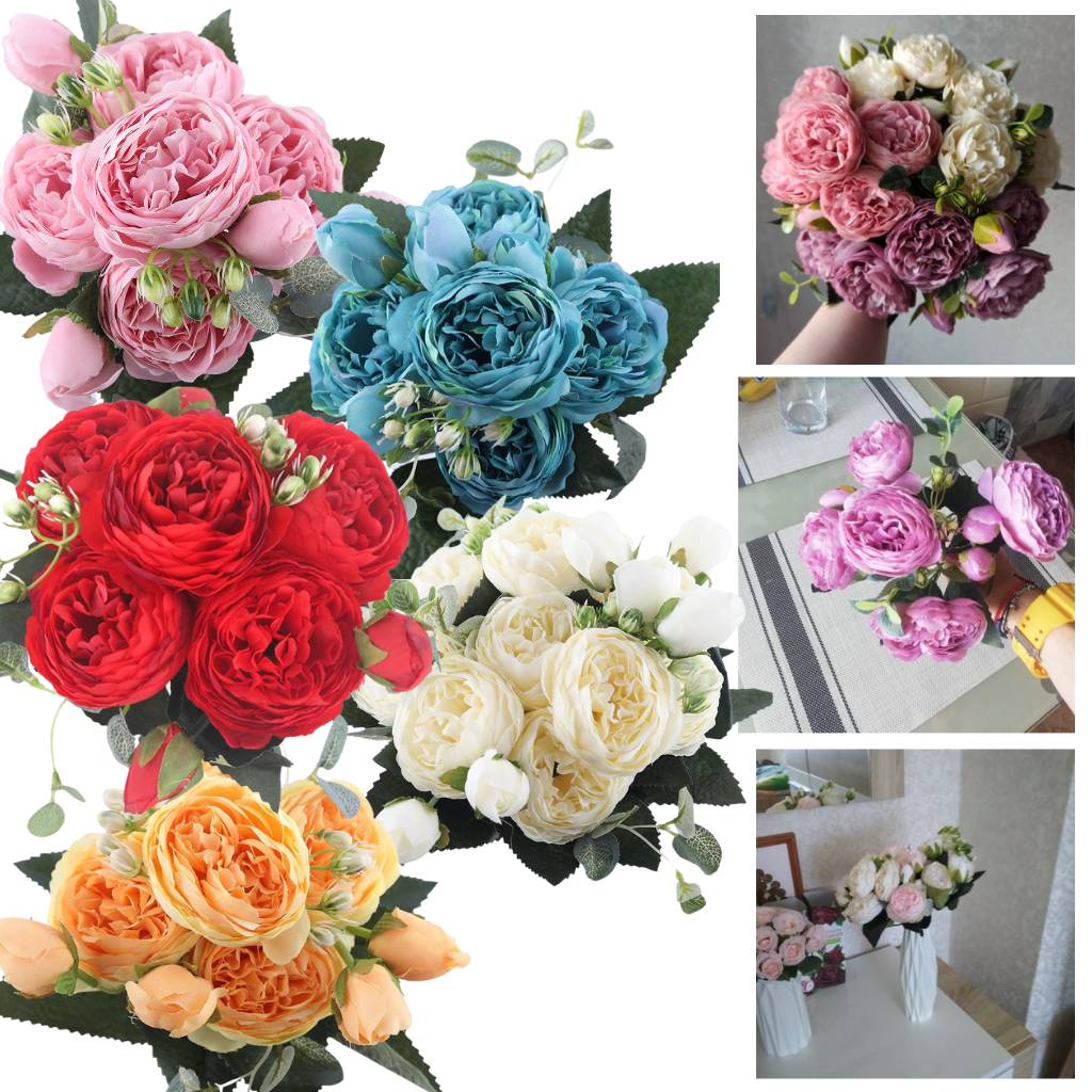 Ramo de flores de seda artificial de peonías y rosas - Ozerty